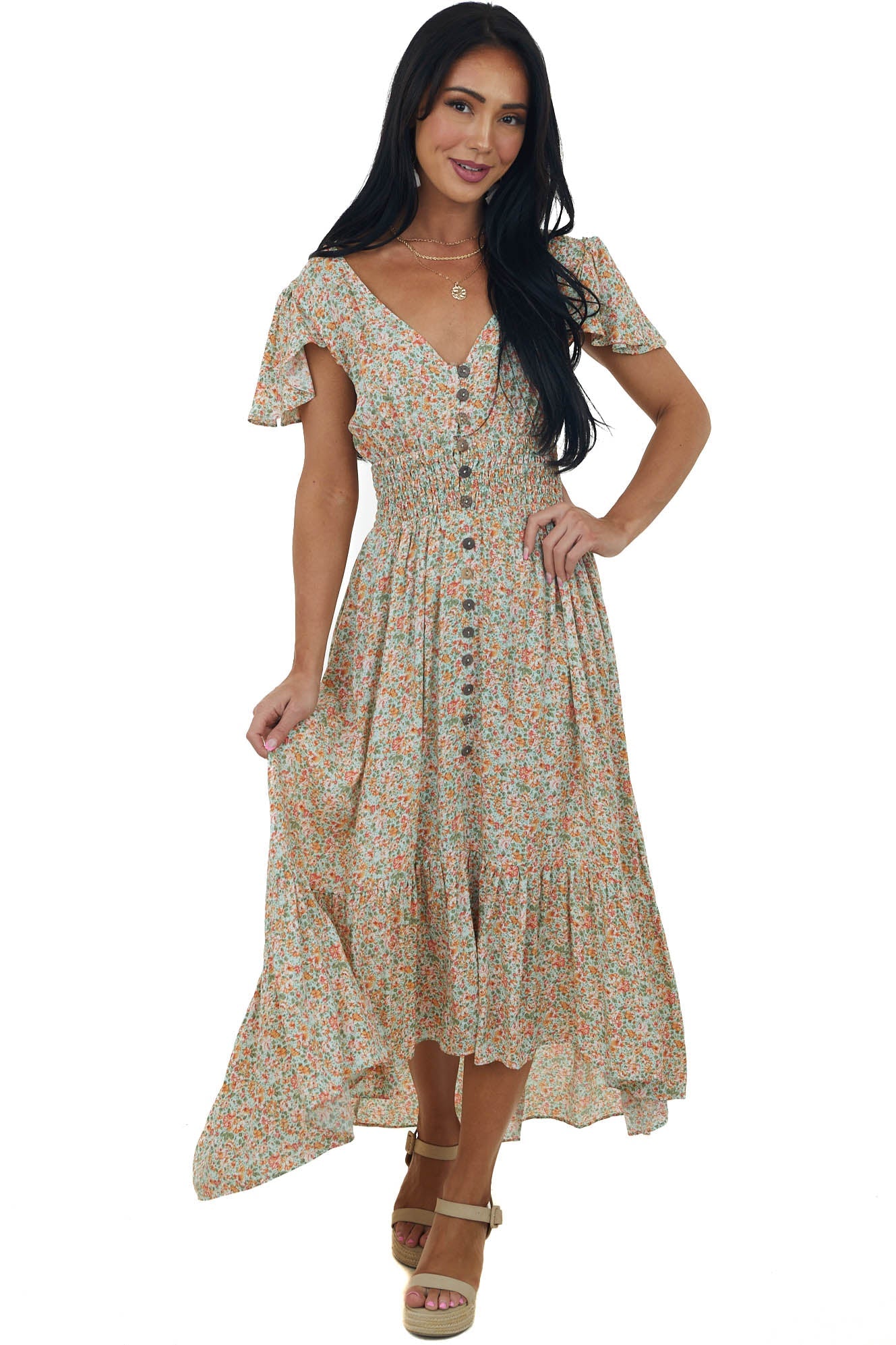 Mint Floral Print Open Tie Back Midi Dress