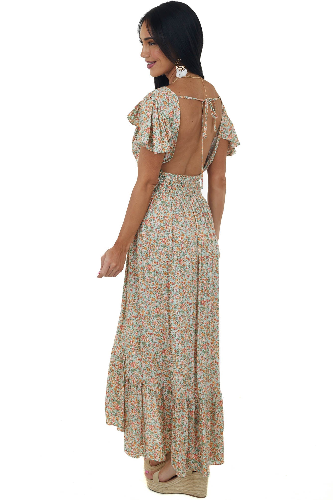 Mint Floral Print Open Tie Back Midi Dress