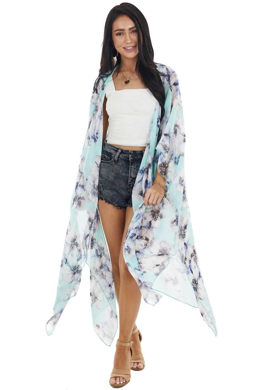 Mint Floral Print Short Sleeve Kimono with Side Slits