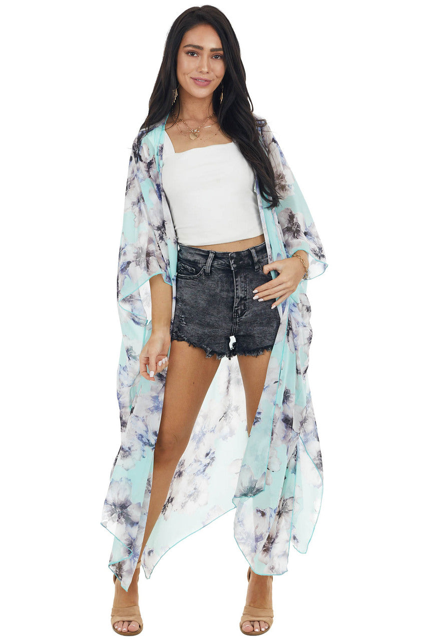 Mint Floral Print Short Sleeve Kimono with Side Slits
