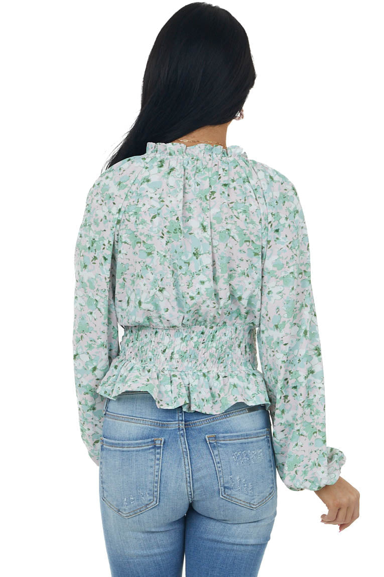 Mint Floral Print Surplice Peplum Blouse