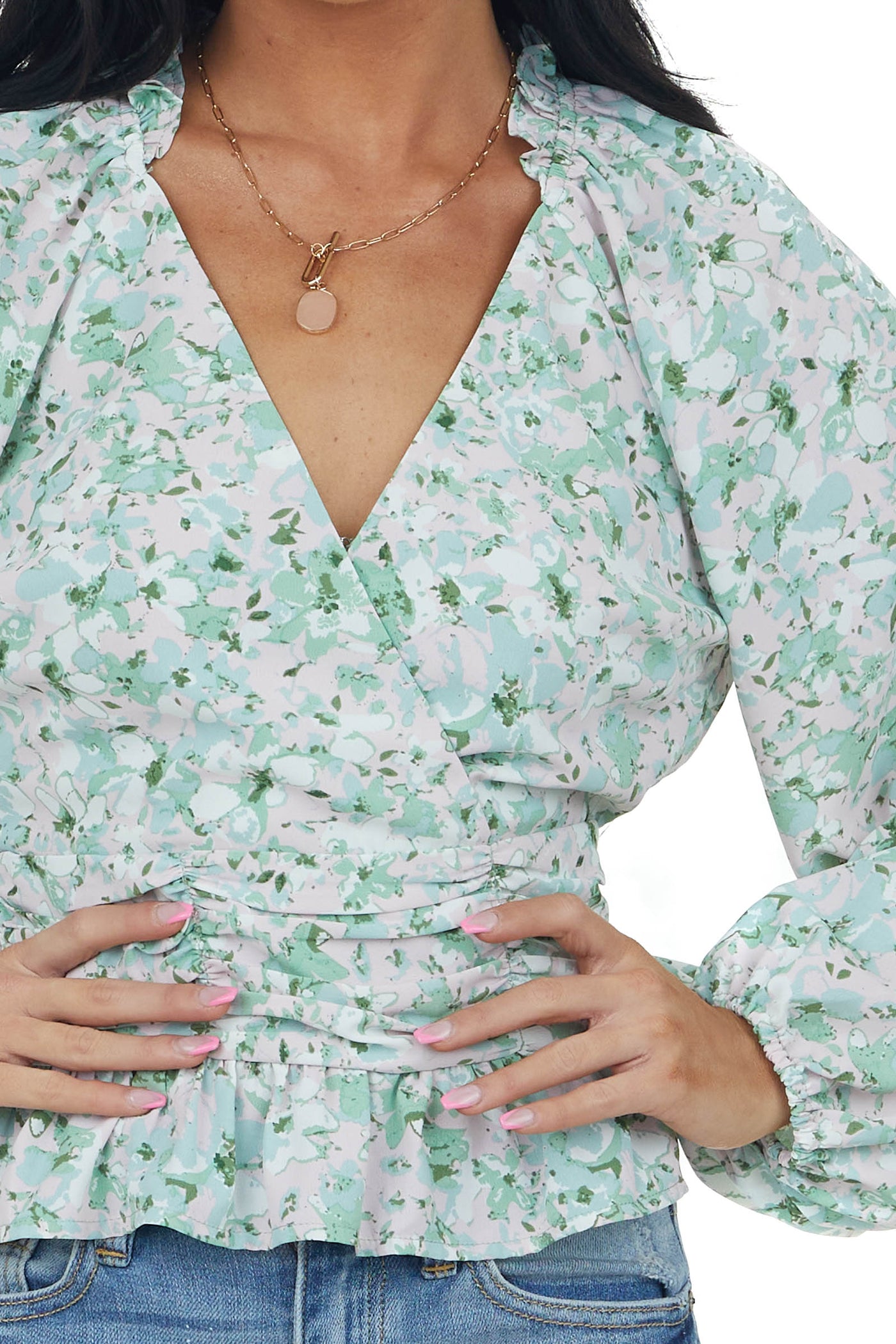 Mint Floral Print Surplice Peplum Blouse
