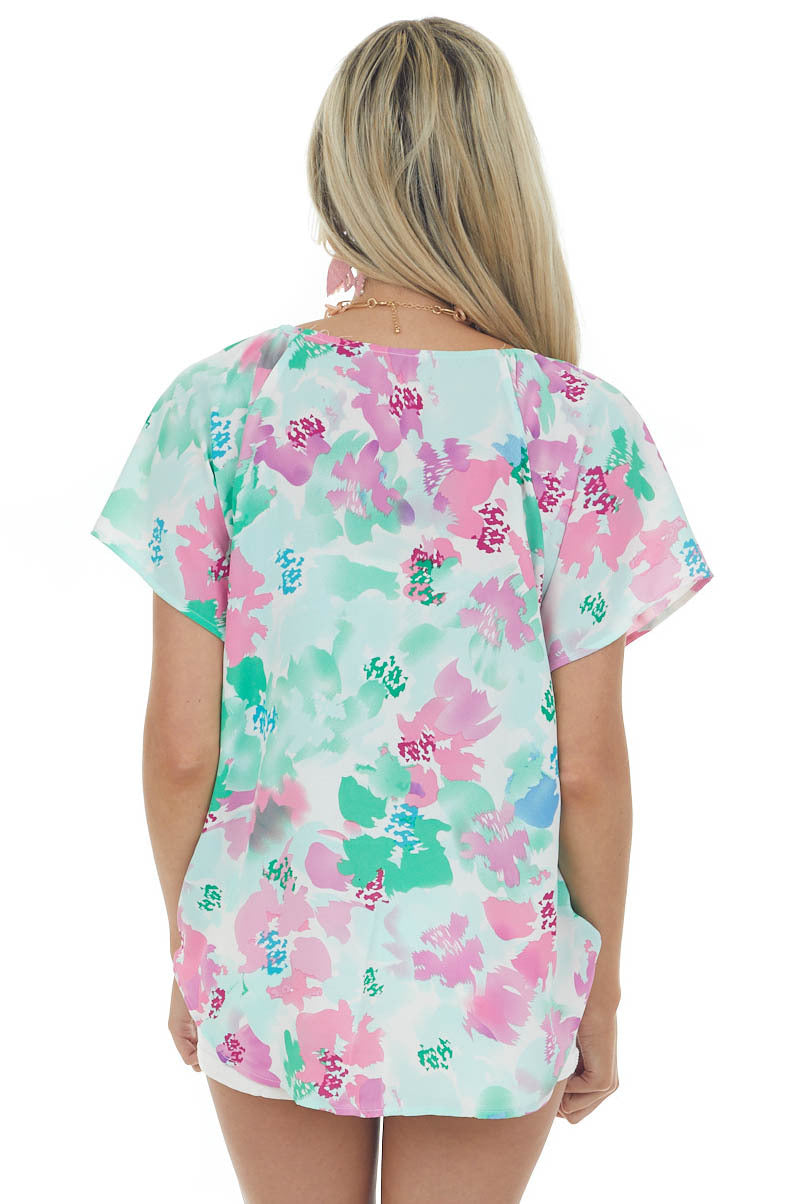 Mint Floral Short Sleeve Surplice Blouse 