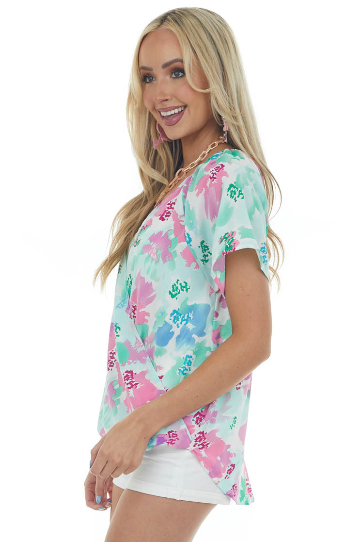 Mint Floral Short Sleeve Surplice Blouse 