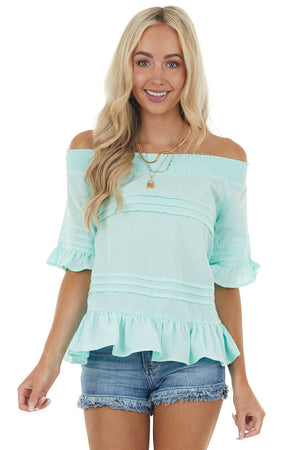 Mint Off the Shoulder Woven Top with Ruffle Details