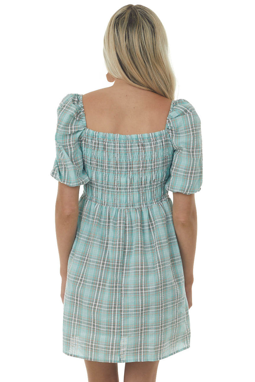 Mint Plaid Smocked 3-4 Puff Sleeve Mini Dress