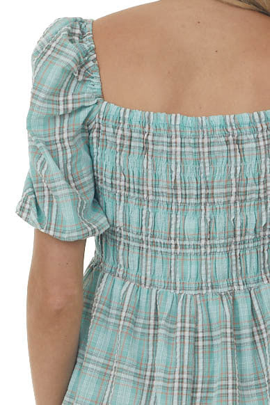 Mint Plaid Smocked 3-4 Puff Sleeve Mini Dress