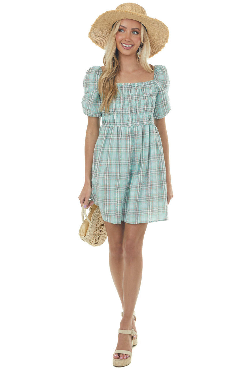 Mint Plaid Smocked 3-4 Puff Sleeve Mini Dress