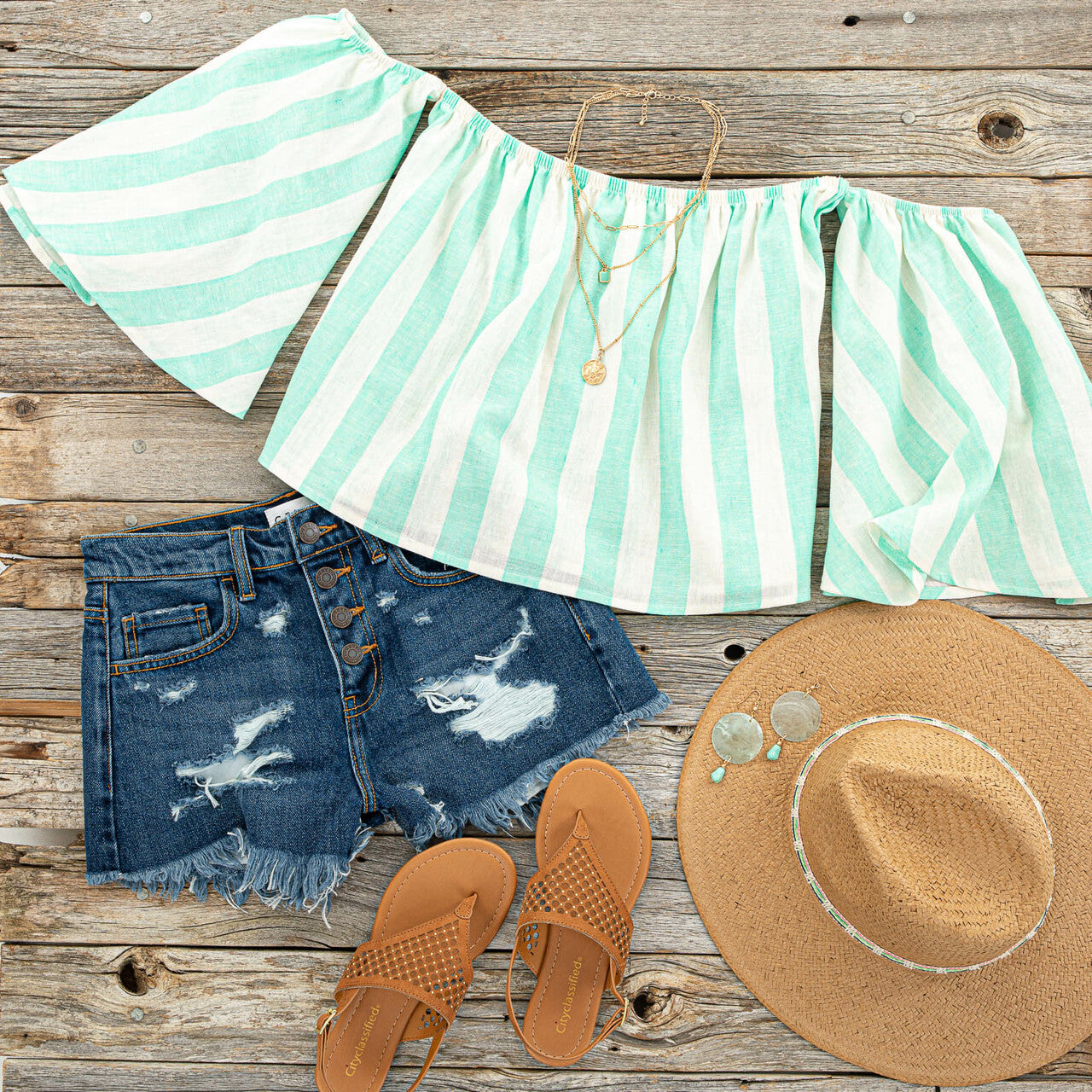 Mint Striped Off the Shoulder Flared Sleeve Blouse