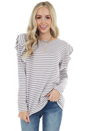 Mocha and Ivory Striped Long Sleeve Top with Ruffle Detail 