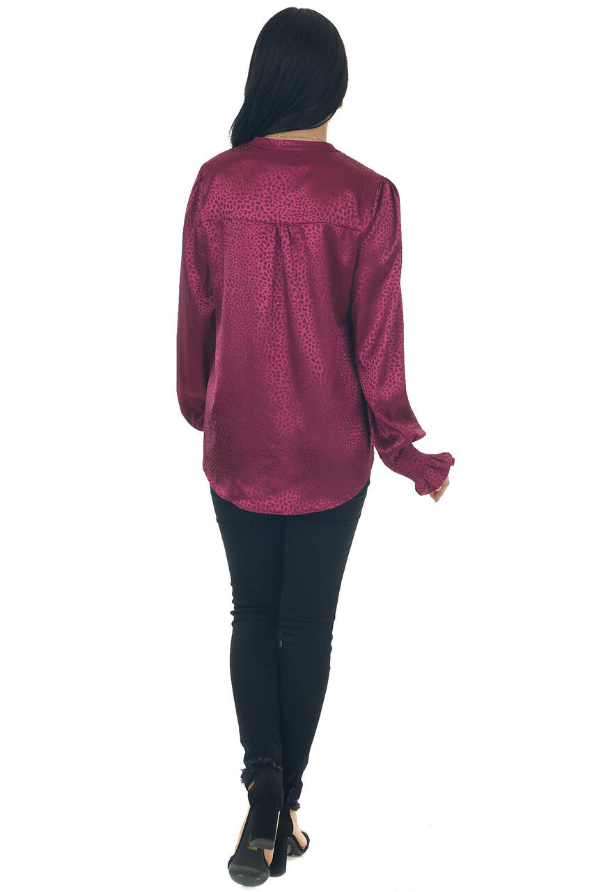 Burgundy Animal Print Notch Neck Satin Blouse
