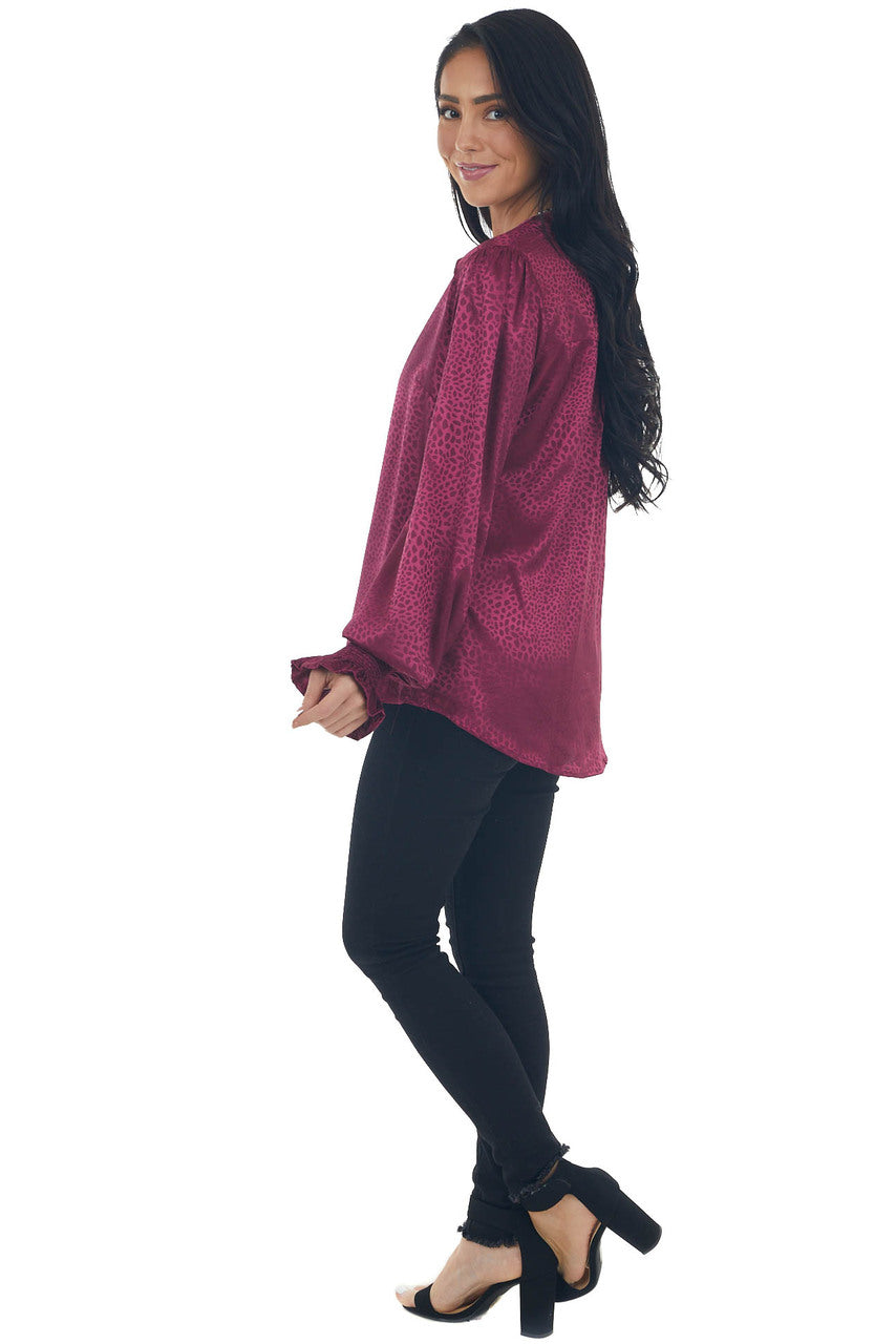 Burgundy Animal Print Notch Neck Satin Blouse