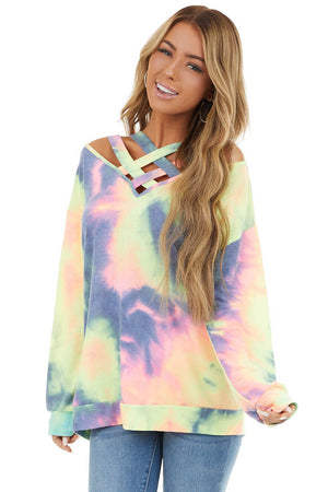 Multi Color Tie Dye Long Sleeve with Criss Cross Neck Detail 