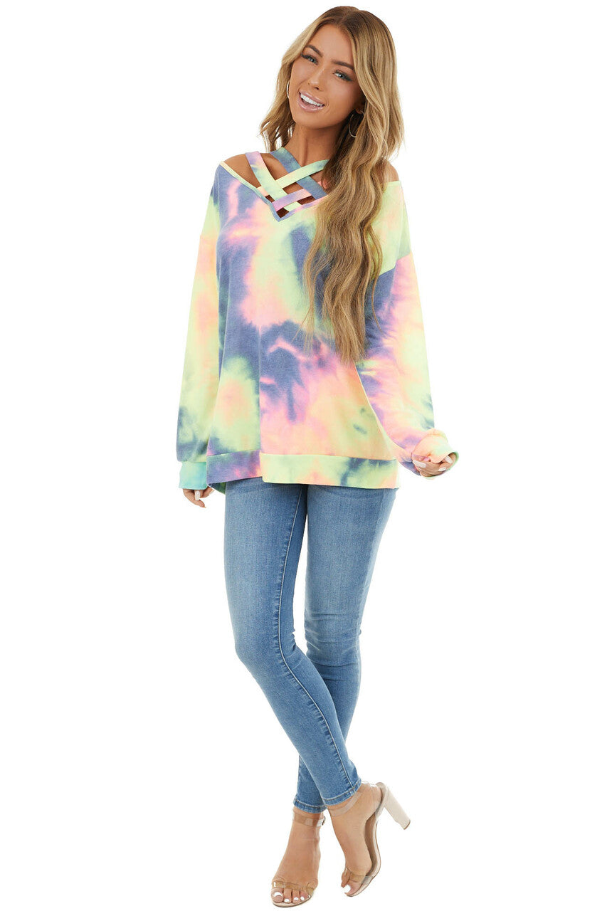 Multi Color Tie Dye Long Sleeve with Criss Cross Neck Detail 