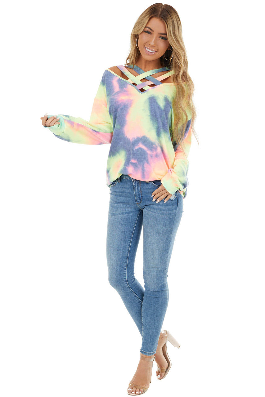 Multi Color Tie Dye Long Sleeve with Criss Cross Neck Detail 