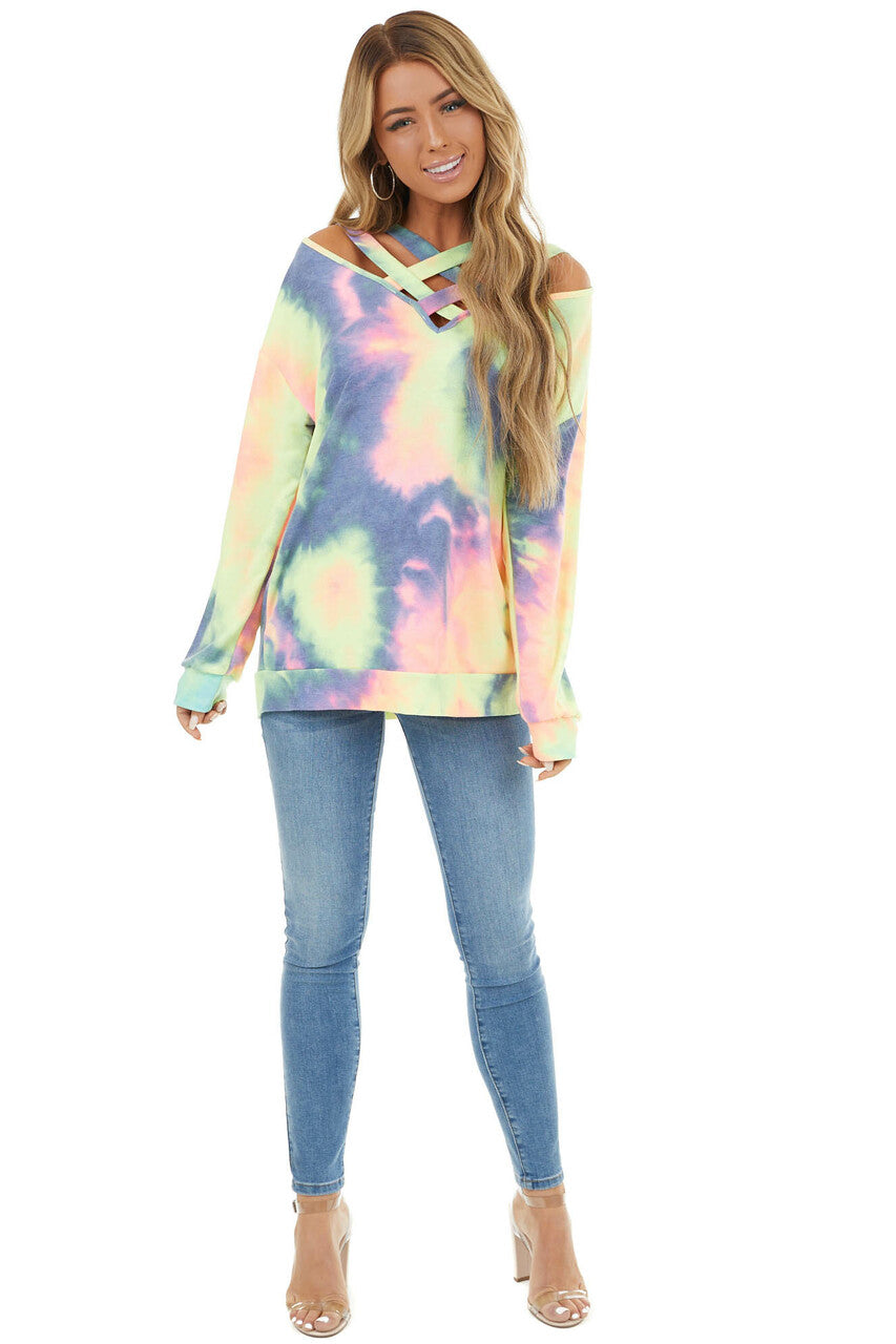 Multi Color Tie Dye Long Sleeve with Criss Cross Neck Detail 