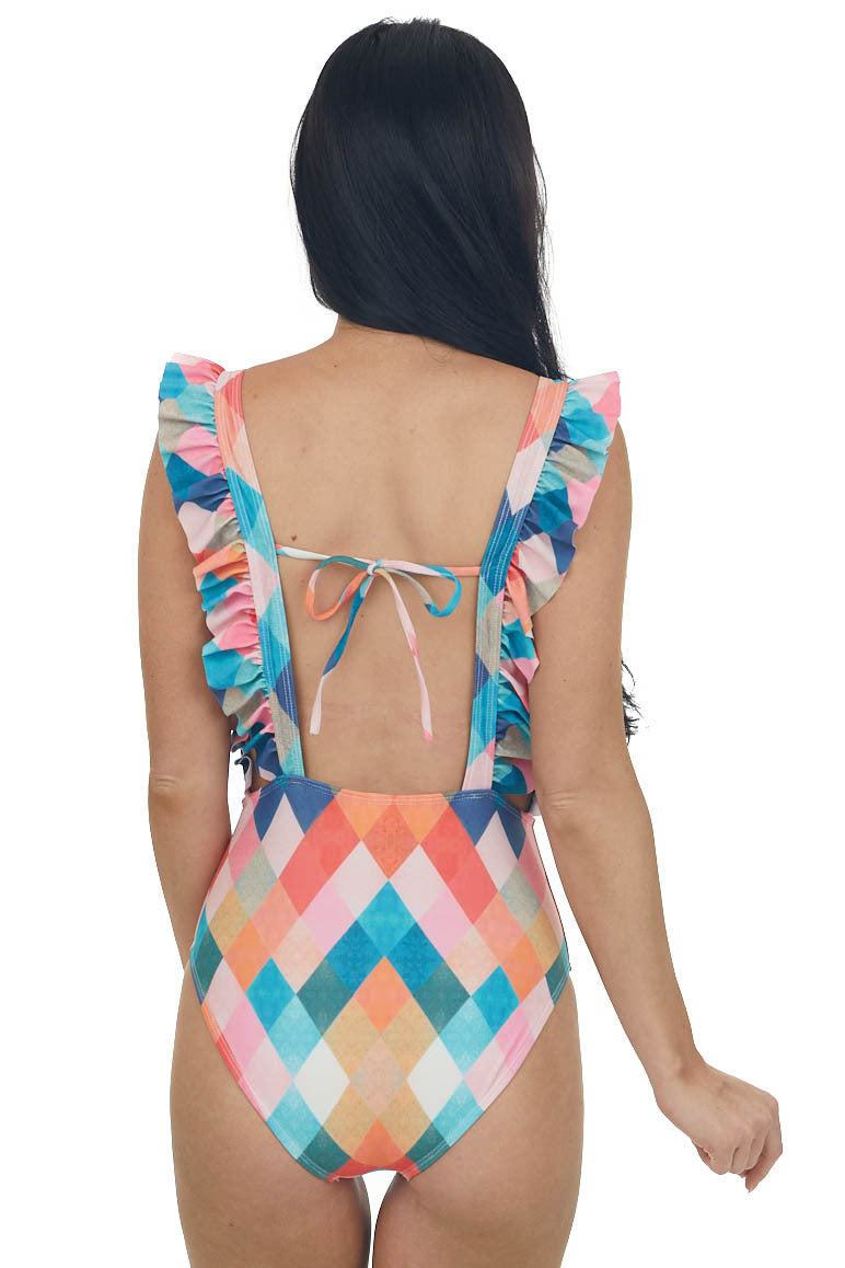 Multicolor Checkered Square Neck Ruffle Swimsuit