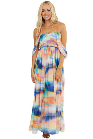 Multicolor Off the Shoulder Maxi Dress with Accordion Detail