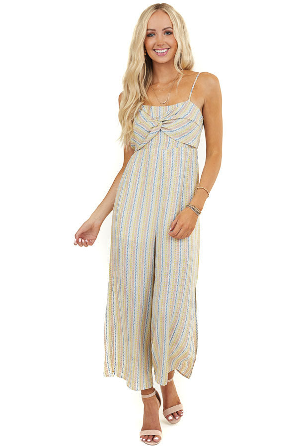 Multicolor Patterned Jumpsuit with Front Twist Detail