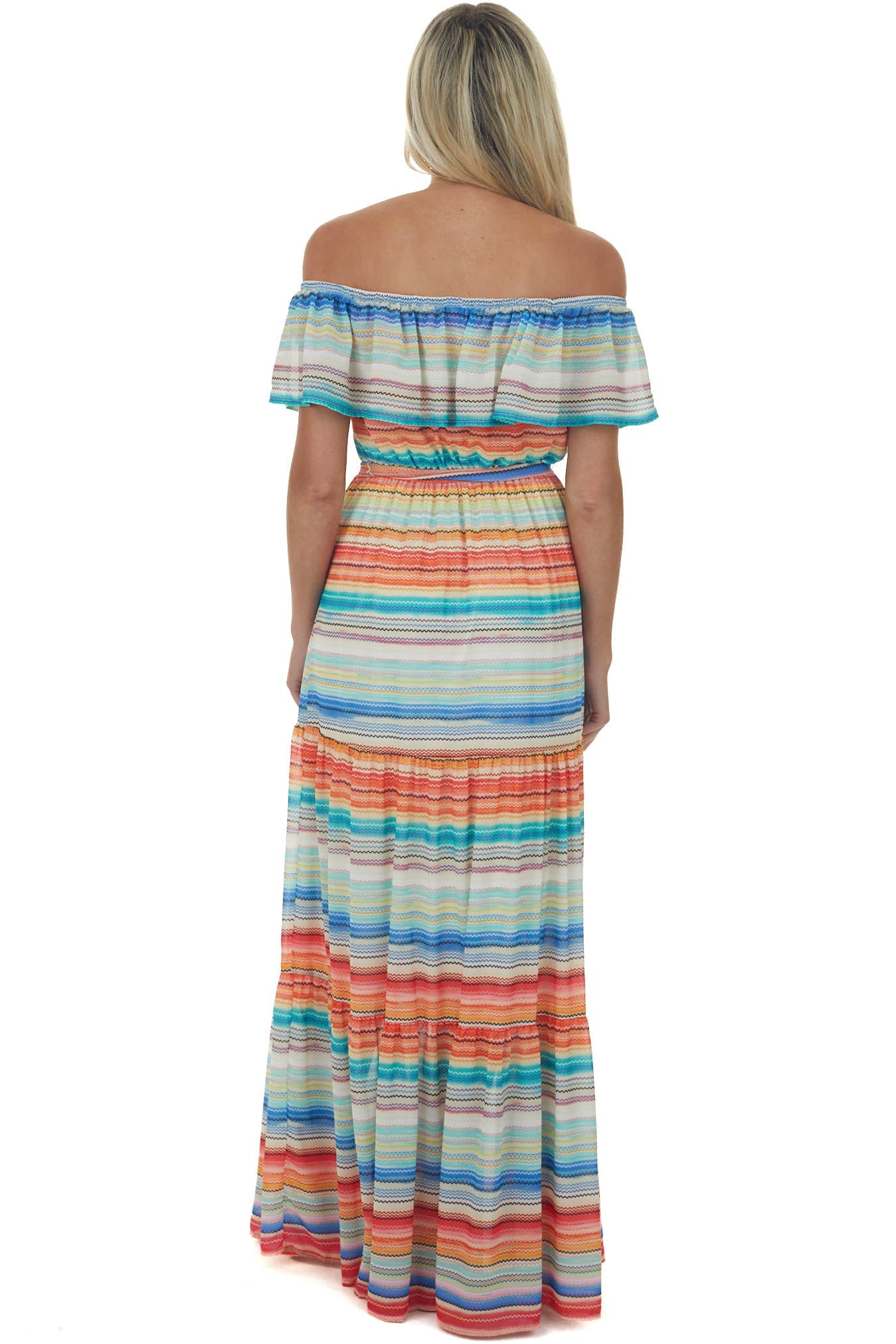 Multicolor Striped Off Shoulder Tiered Maxi Dress