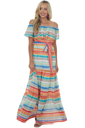 Multicolor Striped Off Shoulder Tiered Maxi Dress