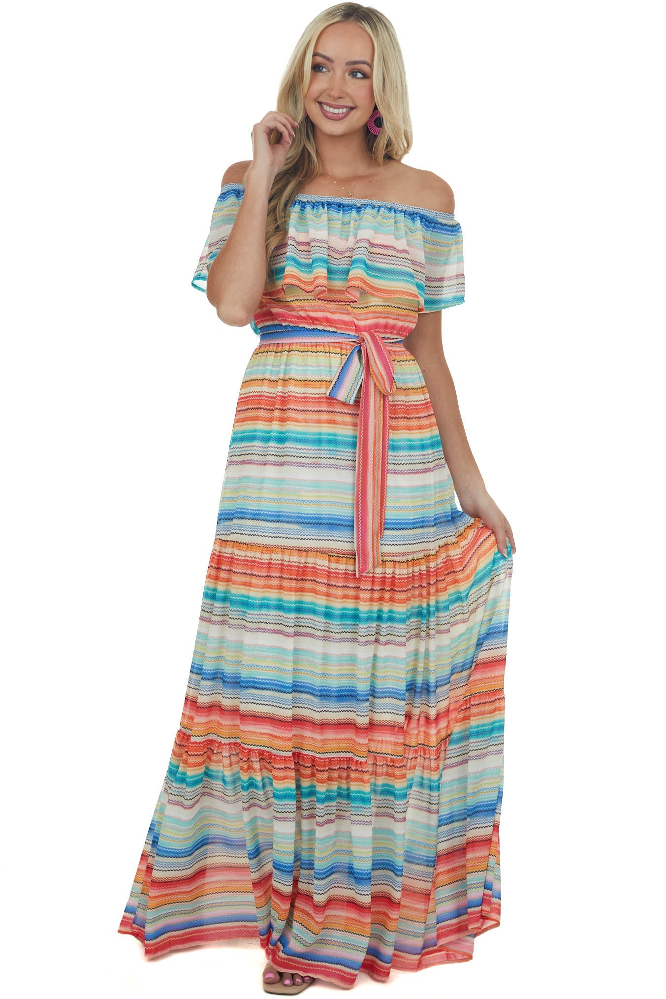 Multicolor Striped Off Shoulder Tiered Maxi Dress