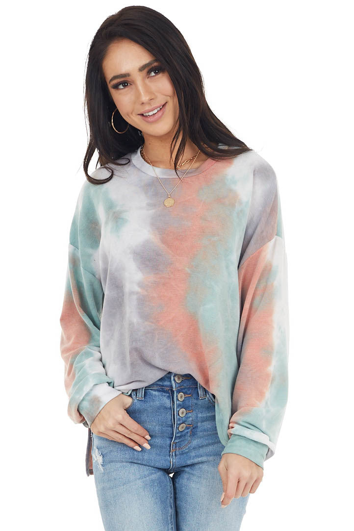 Multicolor Tie Dye Long Sleeve Top with Long Bubble Sleeves