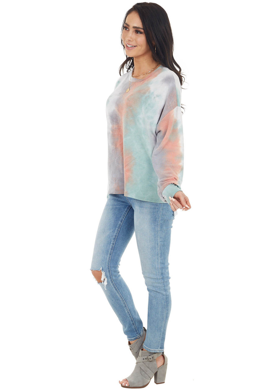 Multicolor Tie Dye Long Sleeve Top with Long Bubble Sleeves