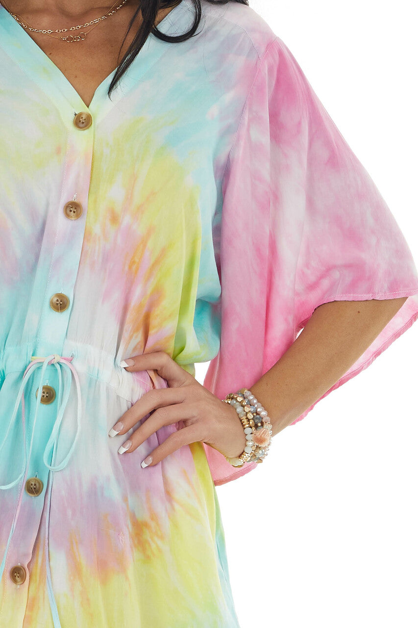 Multicolor Tie Dye Short Sleeve Button Dress