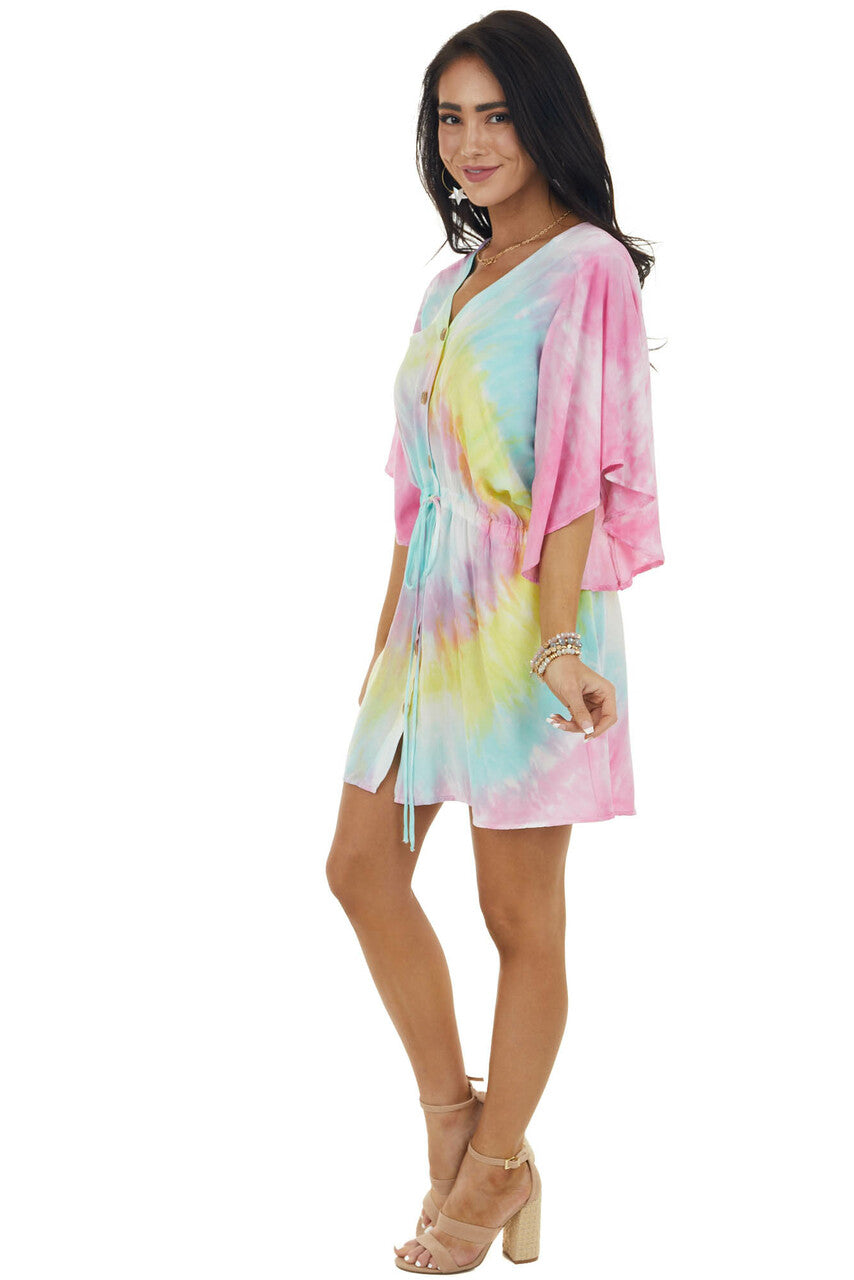 Multicolor Tie Dye Short Sleeve Button Dress