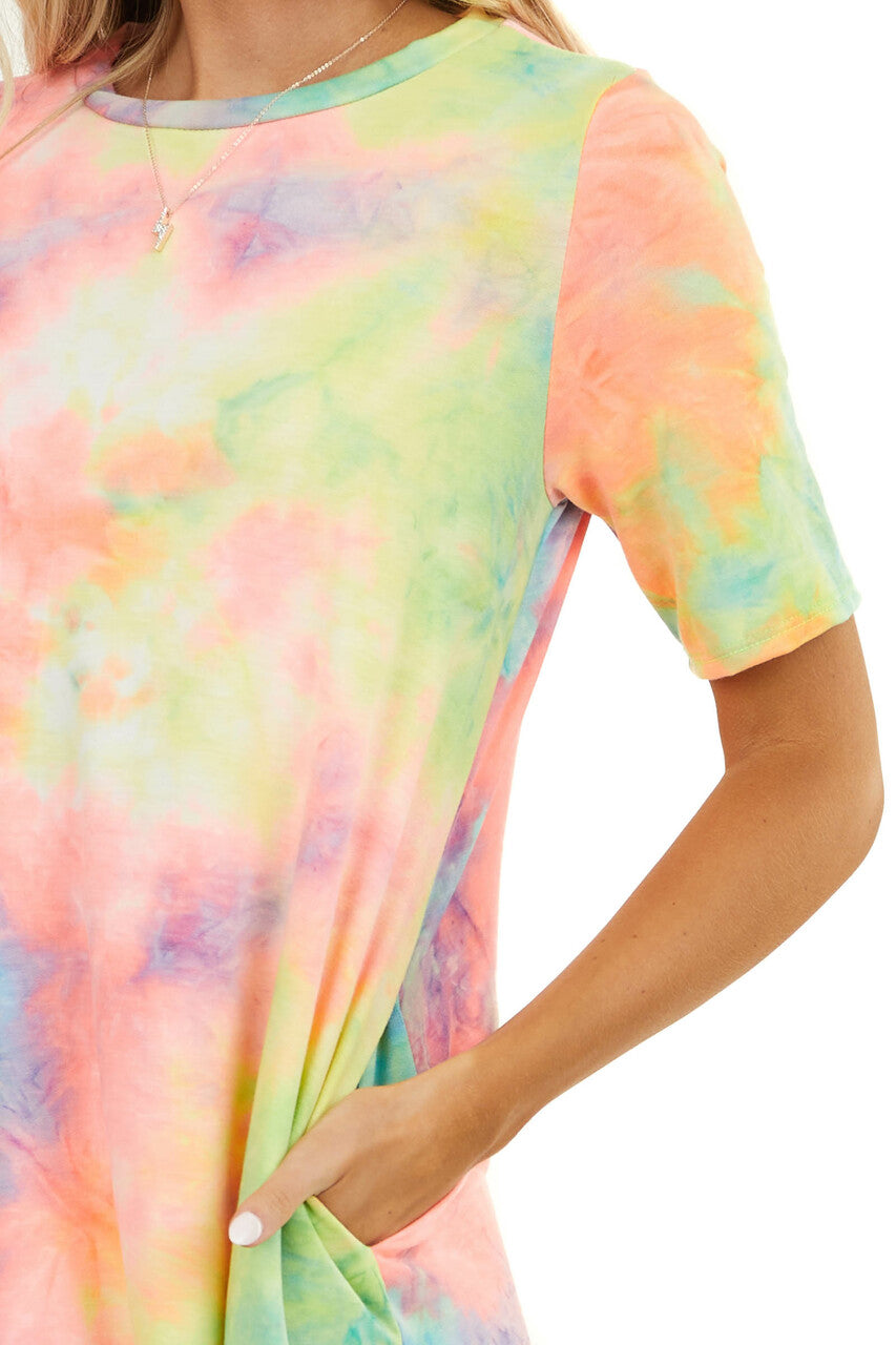 Multicolor Tie Dye Short Sleeve Dress with Side Pockets 