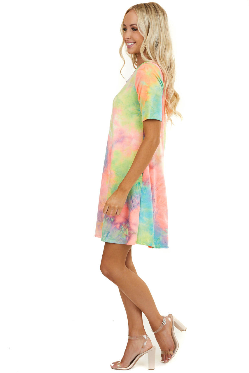 Multicolor Tie Dye Short Sleeve Dress with Side Pockets 