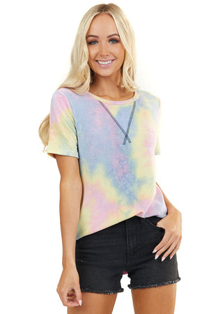 Multicolor Tie Dye Short Sleeve Top with Rounded Neckline