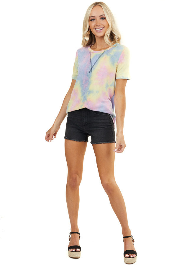 Multicolor Tie Dye Short Sleeve Top with Rounded Neckline