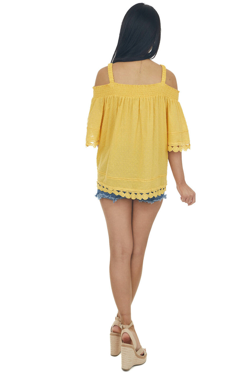 Mustard Cold Shoulder Lace Trim Swiss Dot Top