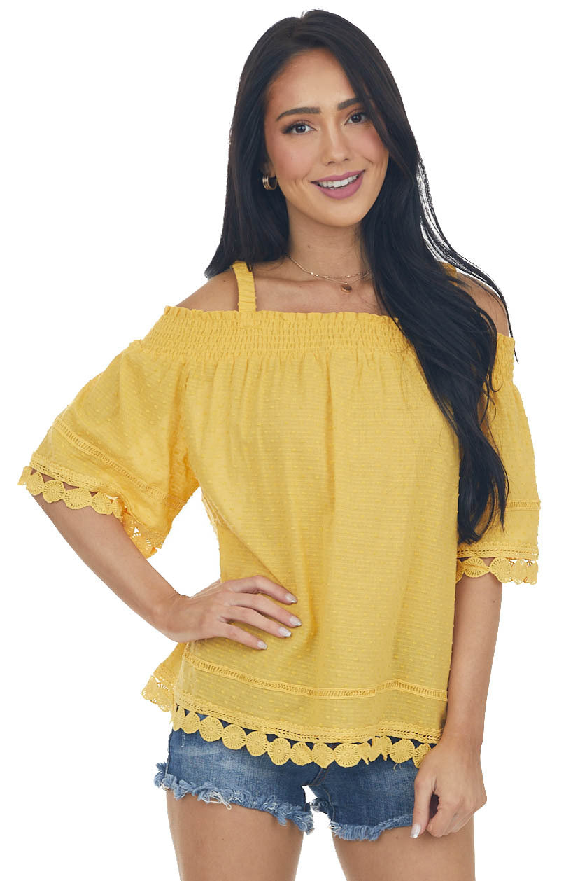 Mustard Cold Shoulder Lace Trim Swiss Dot Top