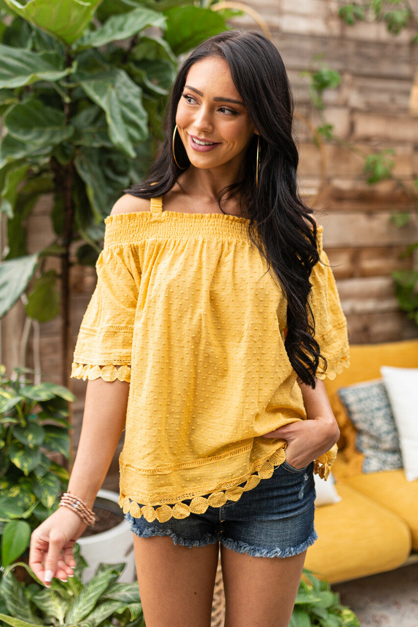 Mustard Cold Shoulder Lace Trim Swiss Dot Top