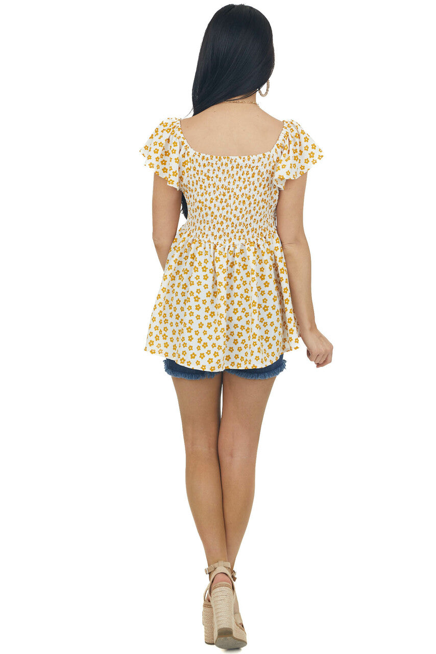 Mustard Floral Print Babydoll Flutter Sleeve Top