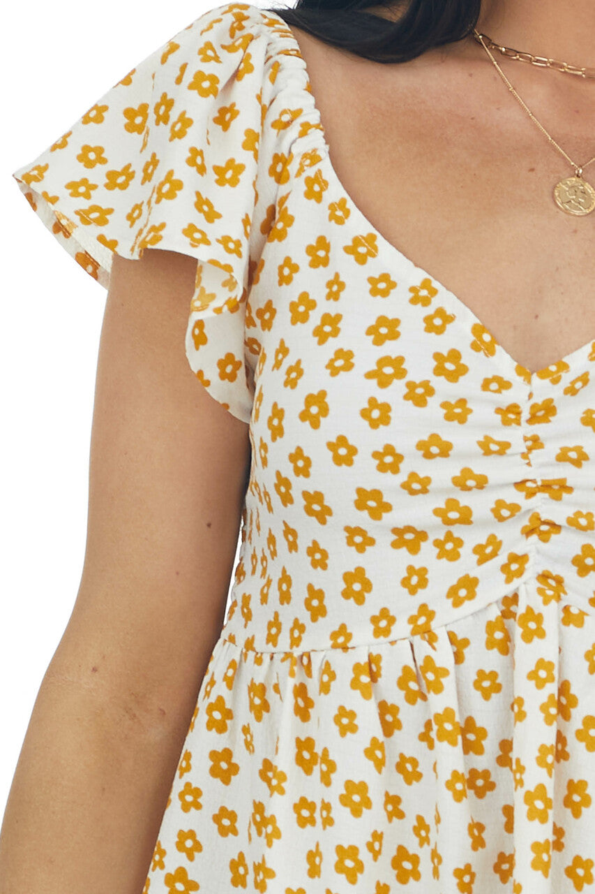 Mustard Floral Print Babydoll Flutter Sleeve Top