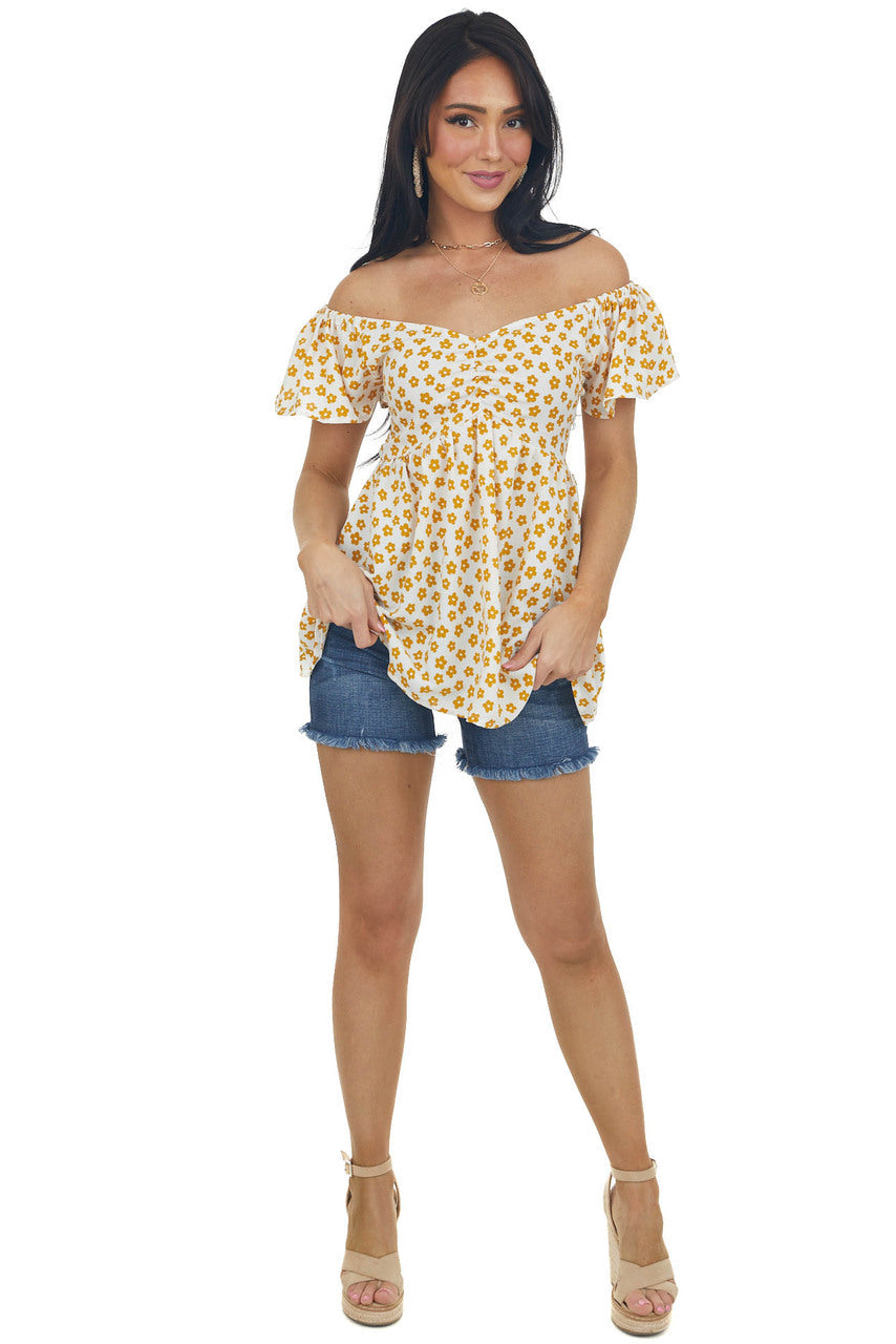 Mustard Floral Print Babydoll Flutter Sleeve Top