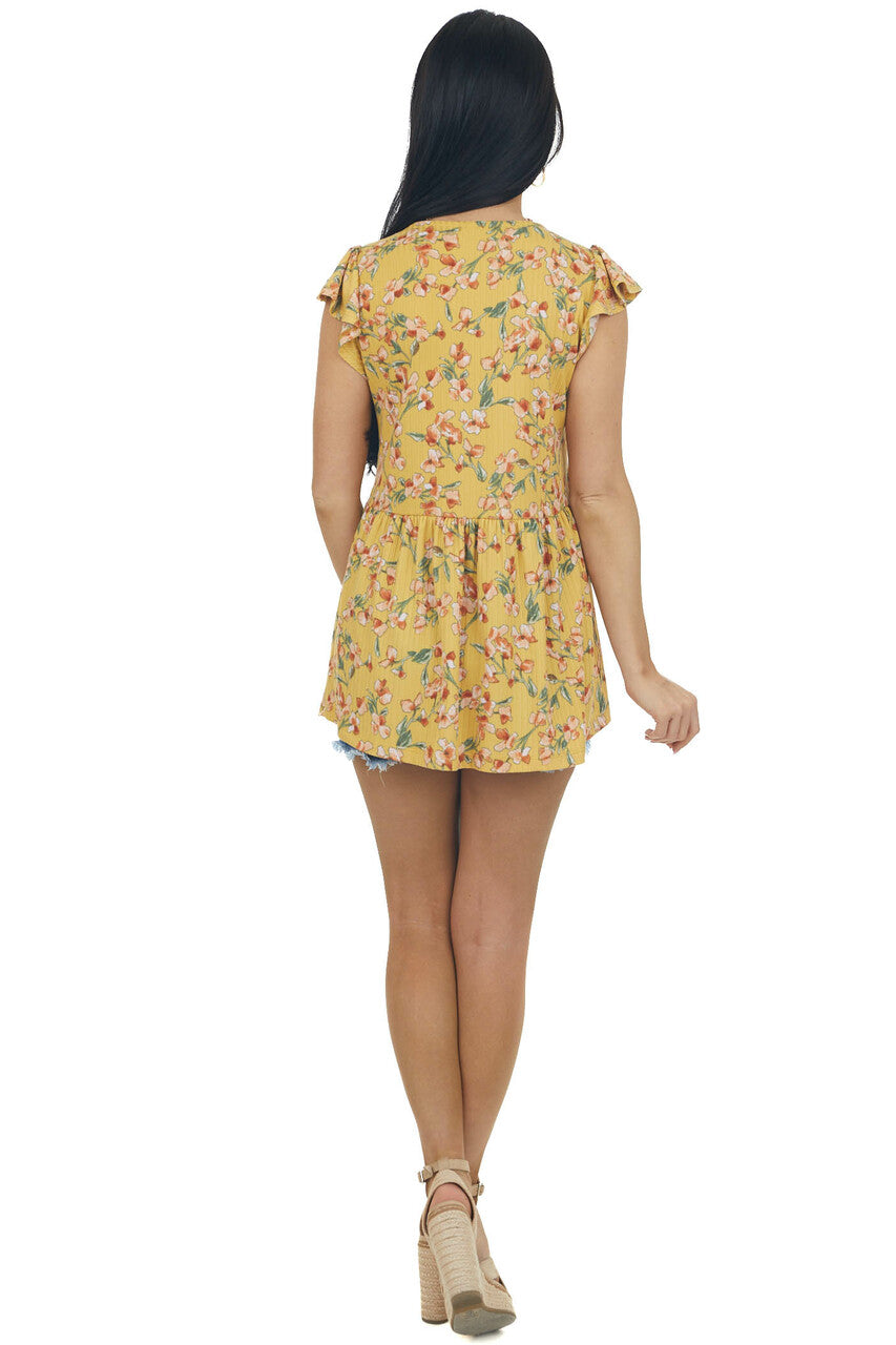 Mustard Floral Print Ribbed Knit Babydoll Top