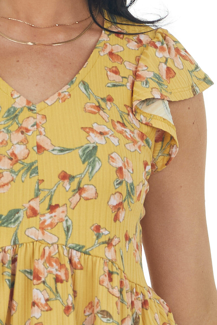 Mustard Floral Print Ribbed Knit Babydoll Top