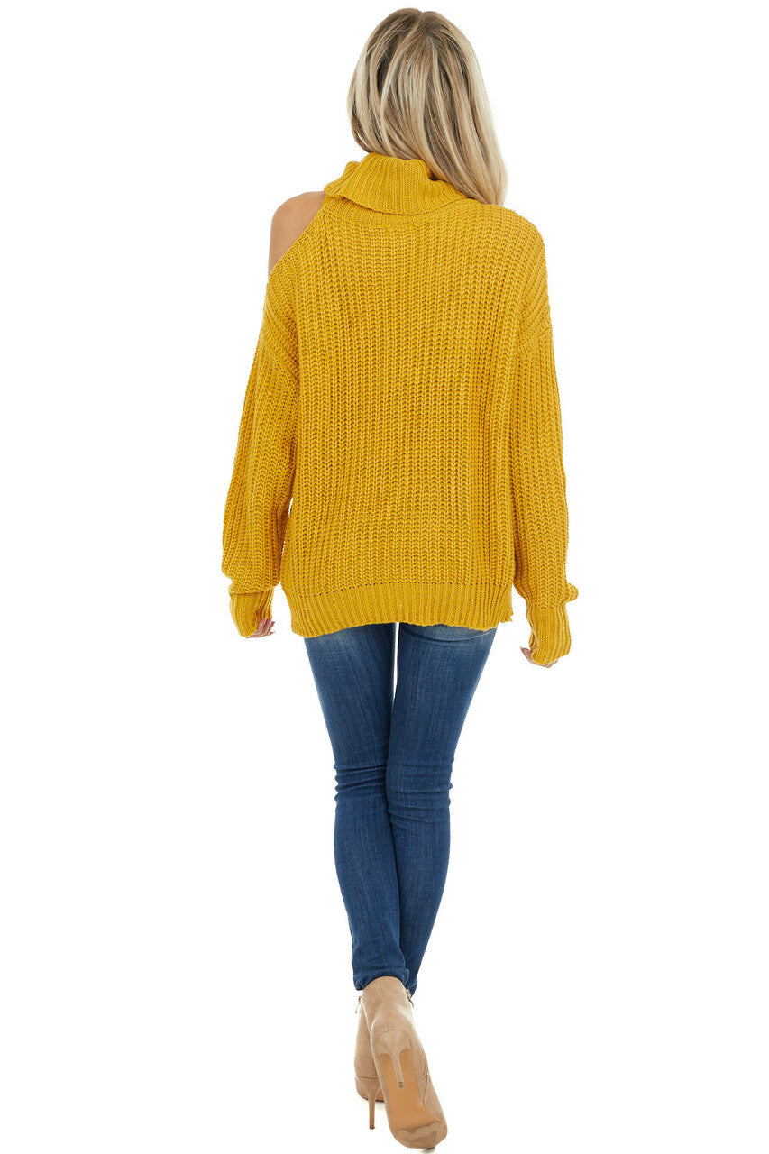 Mustard Long Sleeve Knit Sweater with Cold Shoulder
