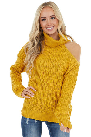 Mustard Long Sleeve Knit Sweater with Cold Shoulder