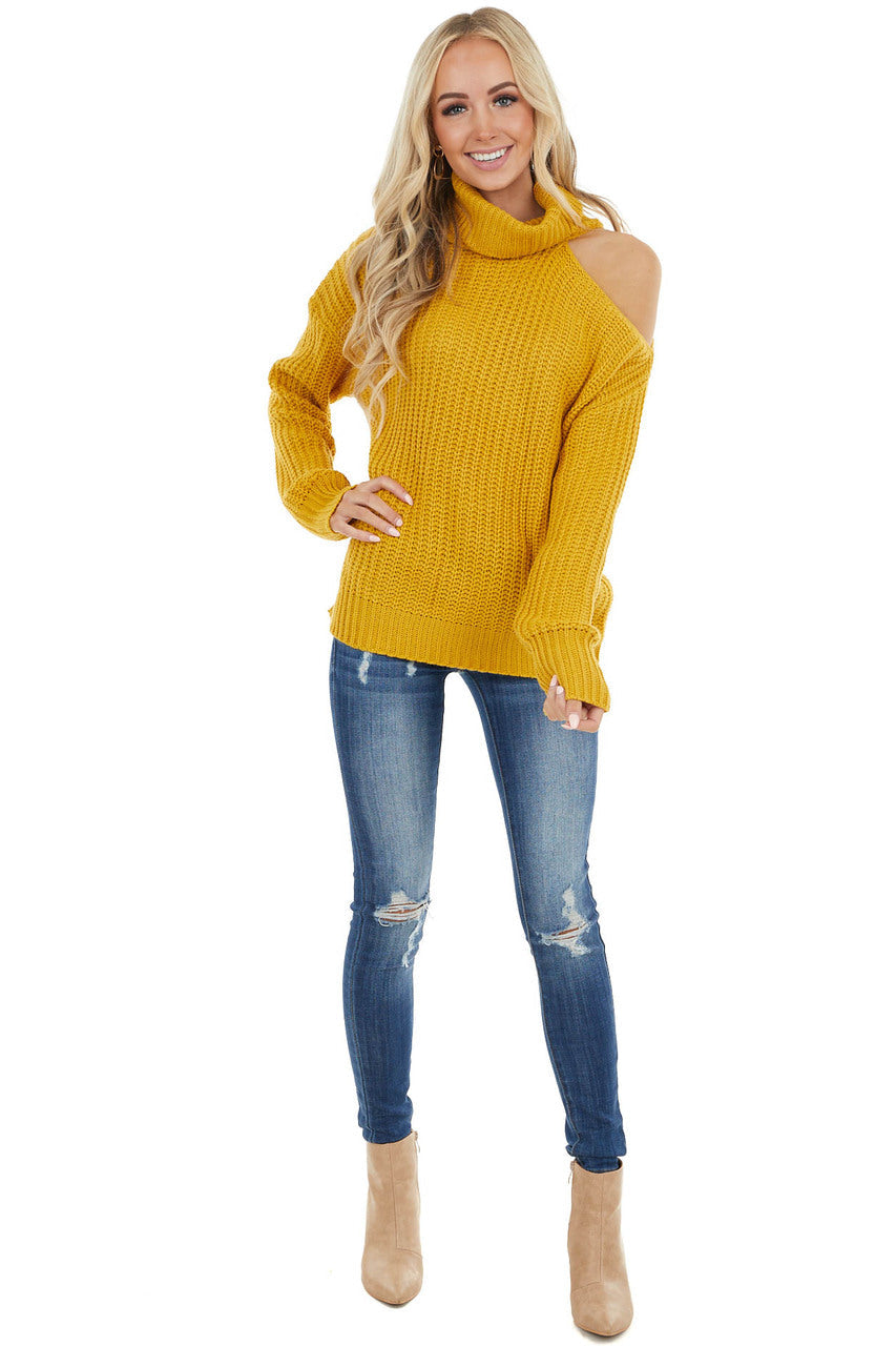 Mustard Long Sleeve Knit Sweater with Cold Shoulder