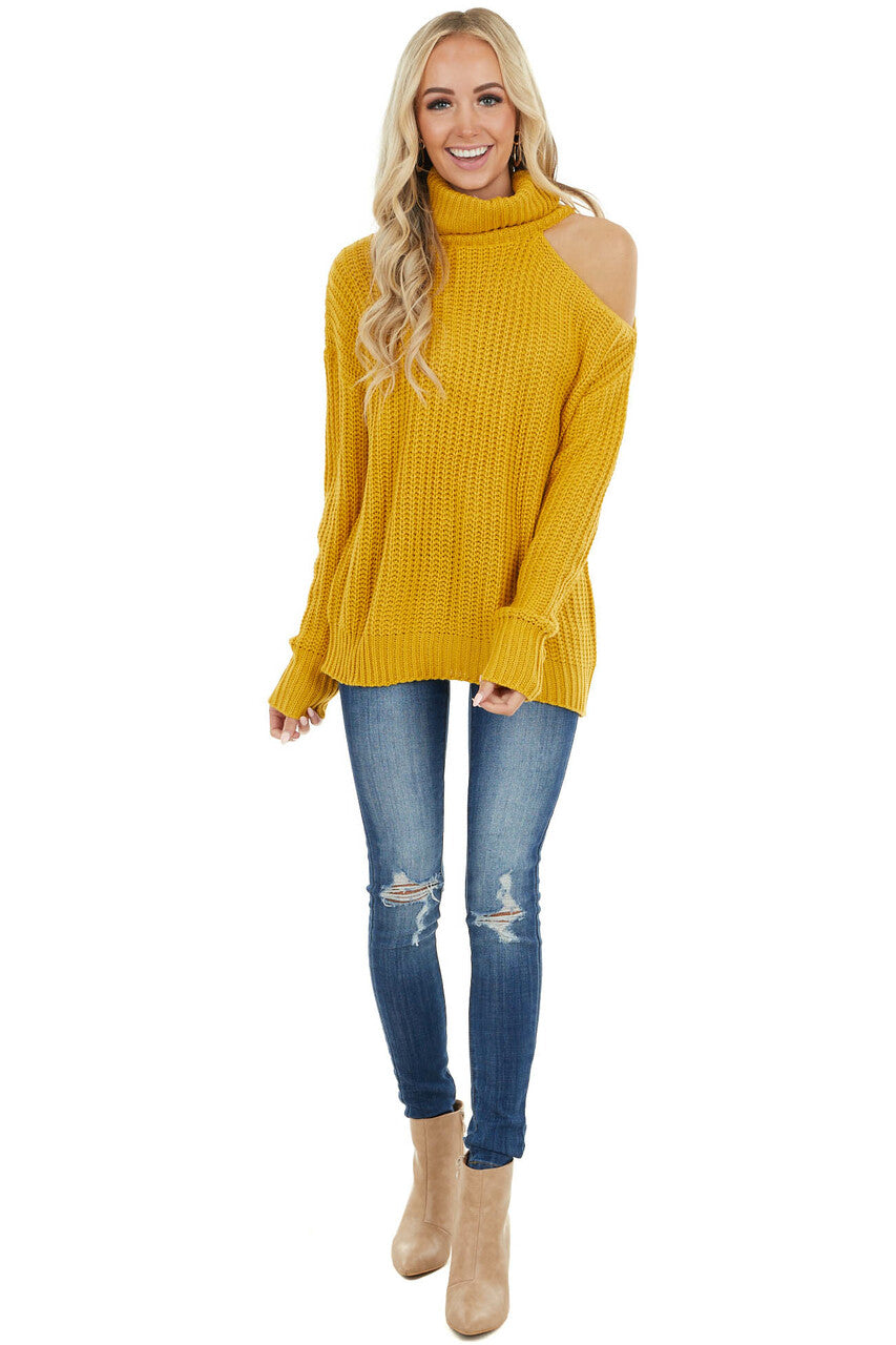 Mustard Long Sleeve Knit Sweater with Cold Shoulder