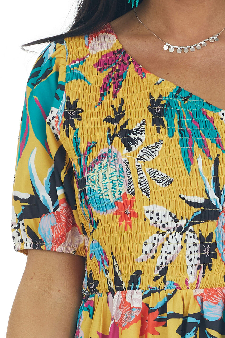 Mustard Multi Floral One Shoulder Smocked Top