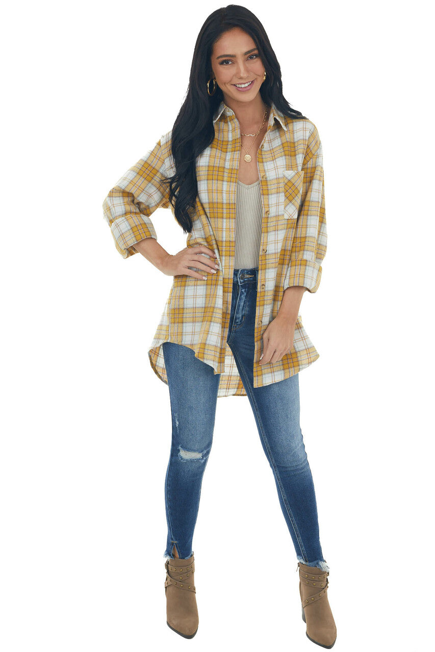 Mustard Plaid Single Chest Pocket Flannel