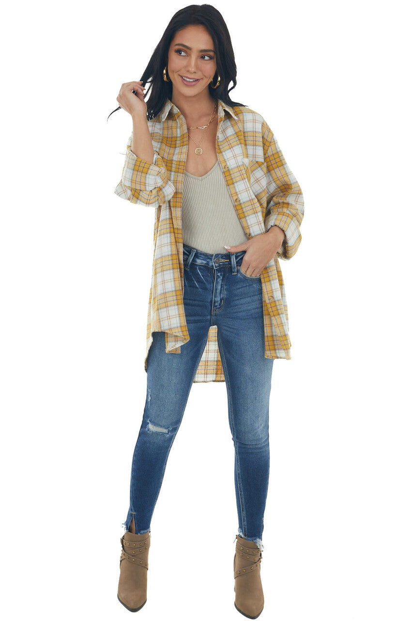 Mustard Plaid Single Chest Pocket Flannel