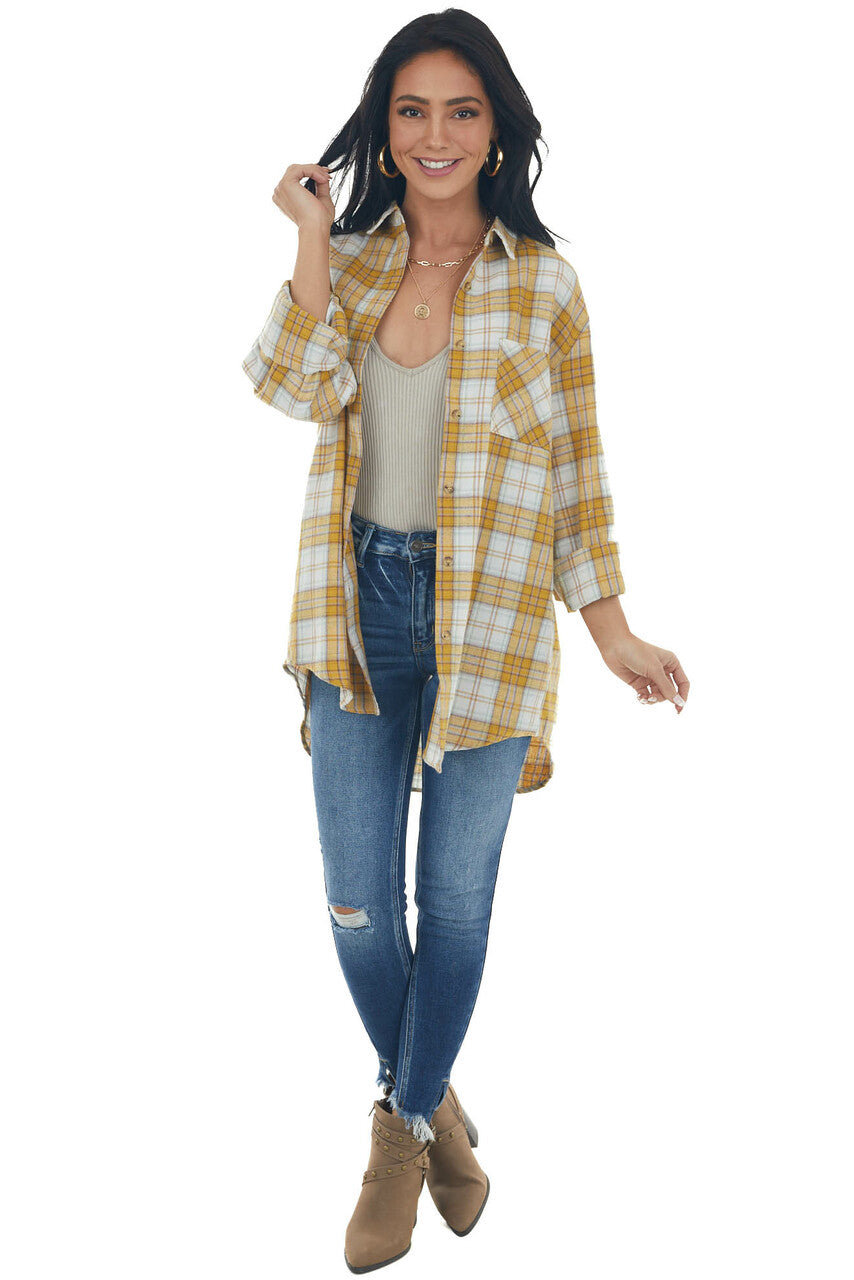 Mustard Plaid Single Chest Pocket Flannel